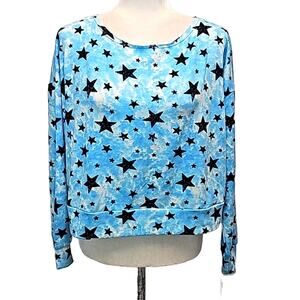 Jenni Intimates Sleep Top Made in USA Teal w/Black Stars Long Sleeve Sz M (NWT)